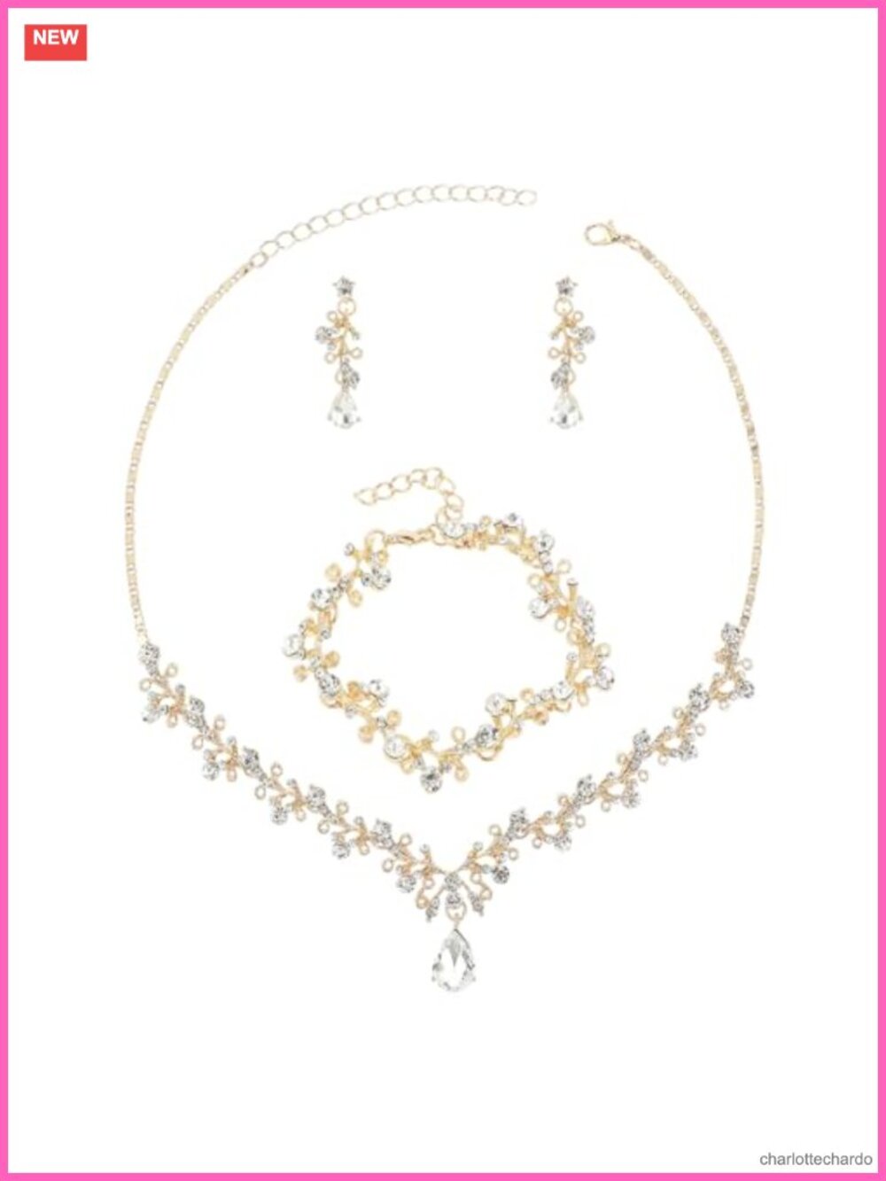 Crystal Rhinestone Jewelry Set Gold Plated Necklace Earrings Bracelet Formal